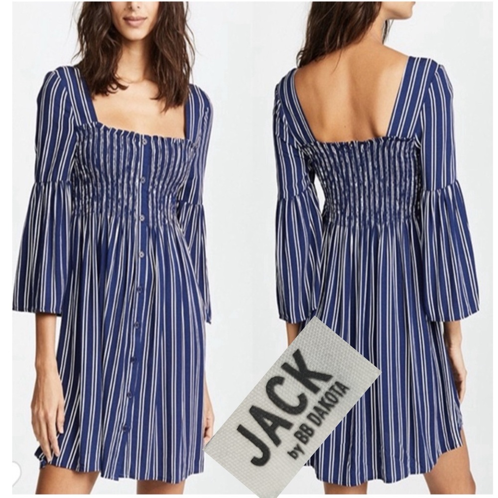 Jack by BB Dakota Blue Striped 3/4 Bell Sleeves Dress Size M